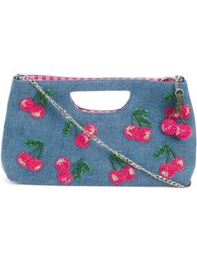 Viral Made in India Cherry Beaded Denim Clutch Purse NWT